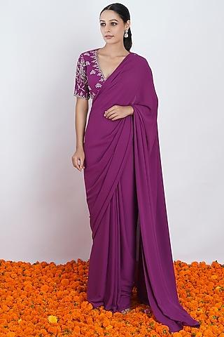 purple hand & machine embroidered pre-draped saree set