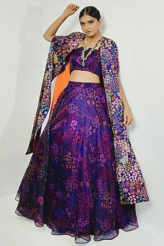 purple hand embroidered & printed lehenga set