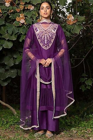 purple hand embroidered a-line kurta set