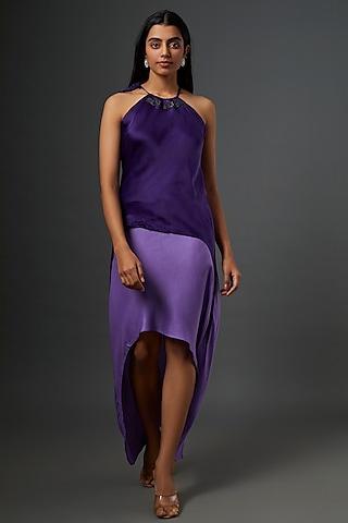 purple hand embroidered asymmetric dress