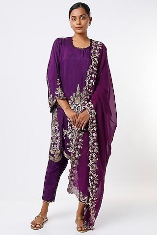 purple hand embroidered kurta set