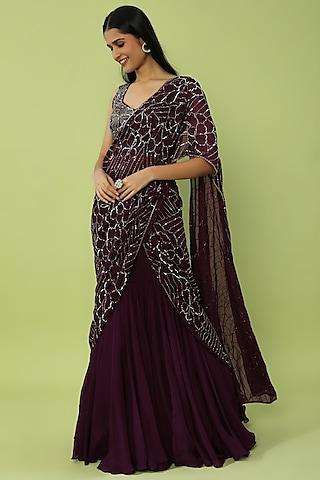 purple hand embroidered lehenga saree set