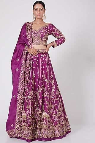 purple hand embroidered lehenga set