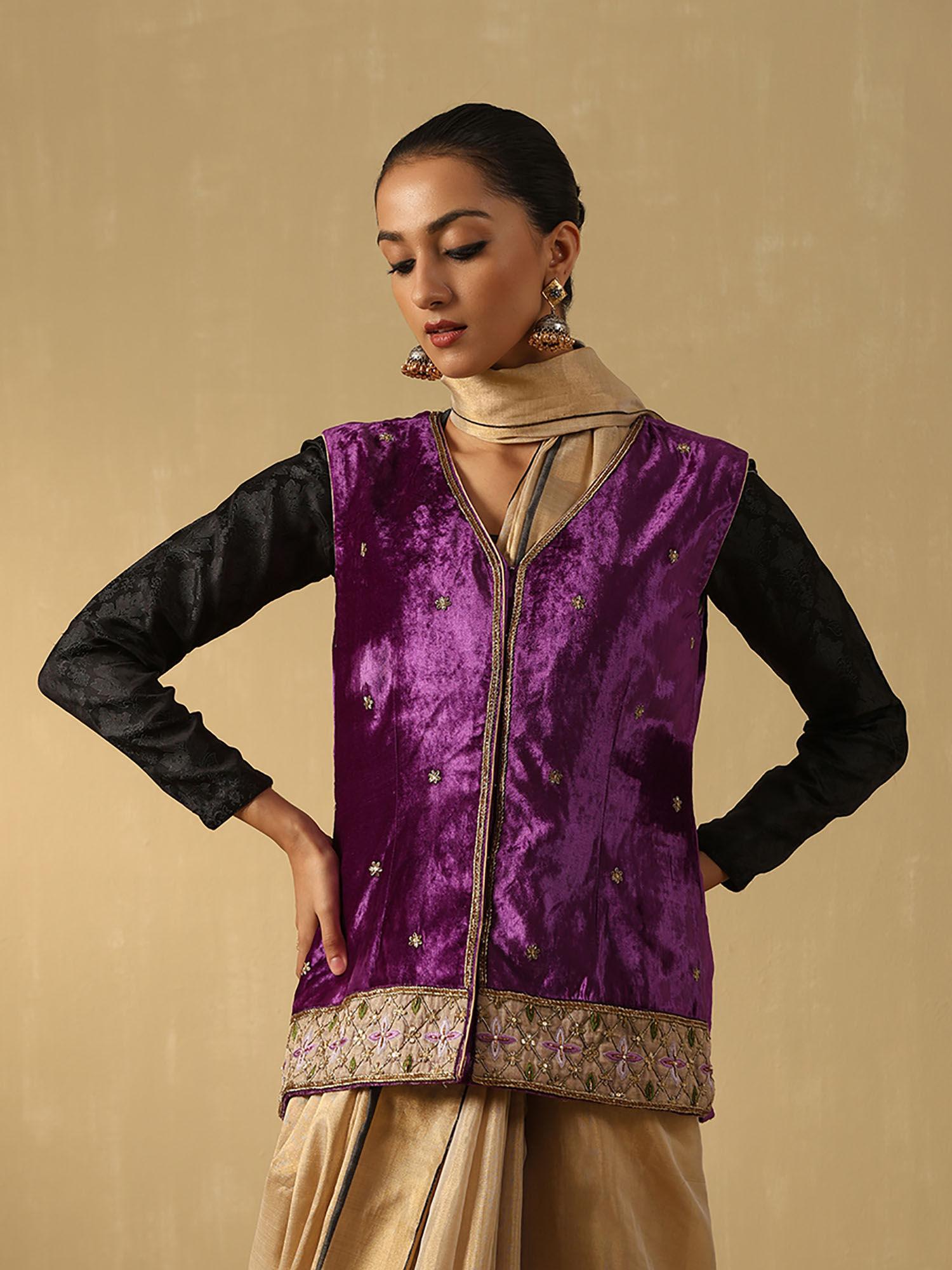 purple hand embroidered zardozi silk velvet sleeveless jacket
