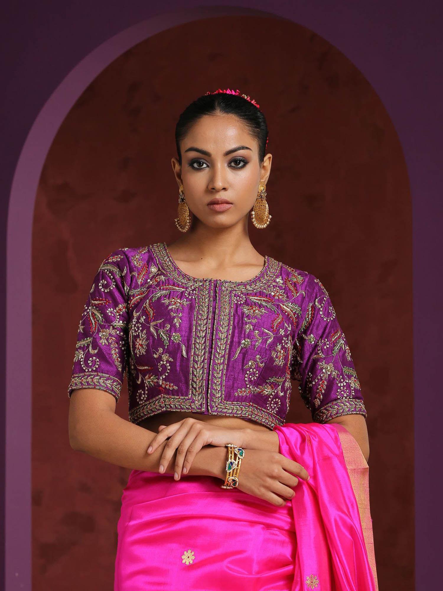 purple handcrafted raw silk zardozi blouse with meena work