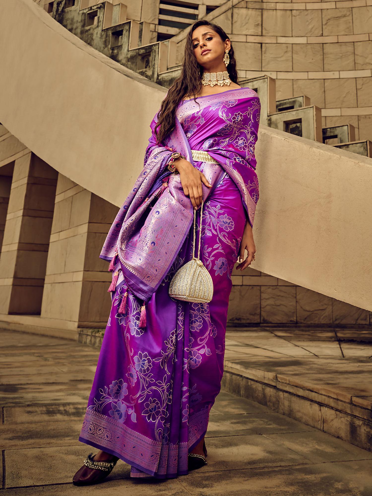 purple handloom woven satin saree with unstitched blouse for women