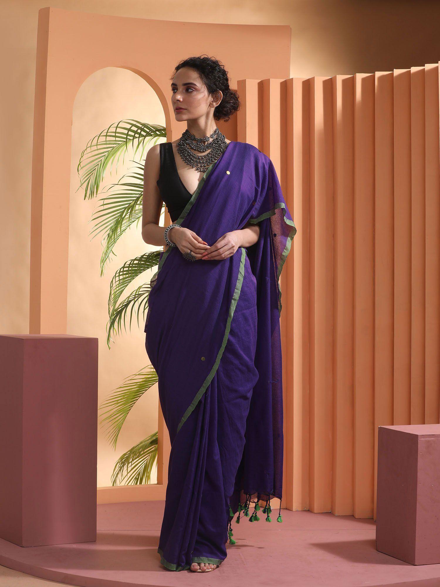 purple handspun cotton saree with unstitched blouse