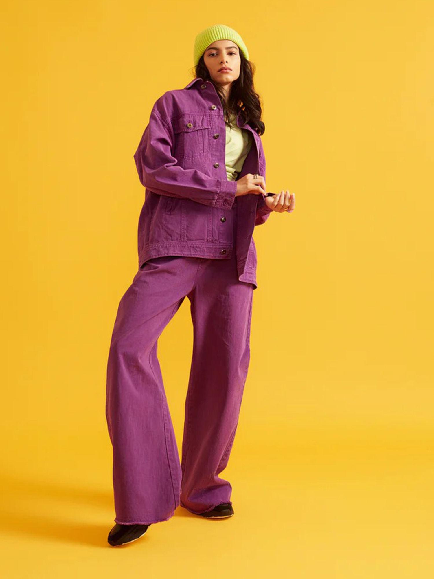 purple high rise flared twill pants for women