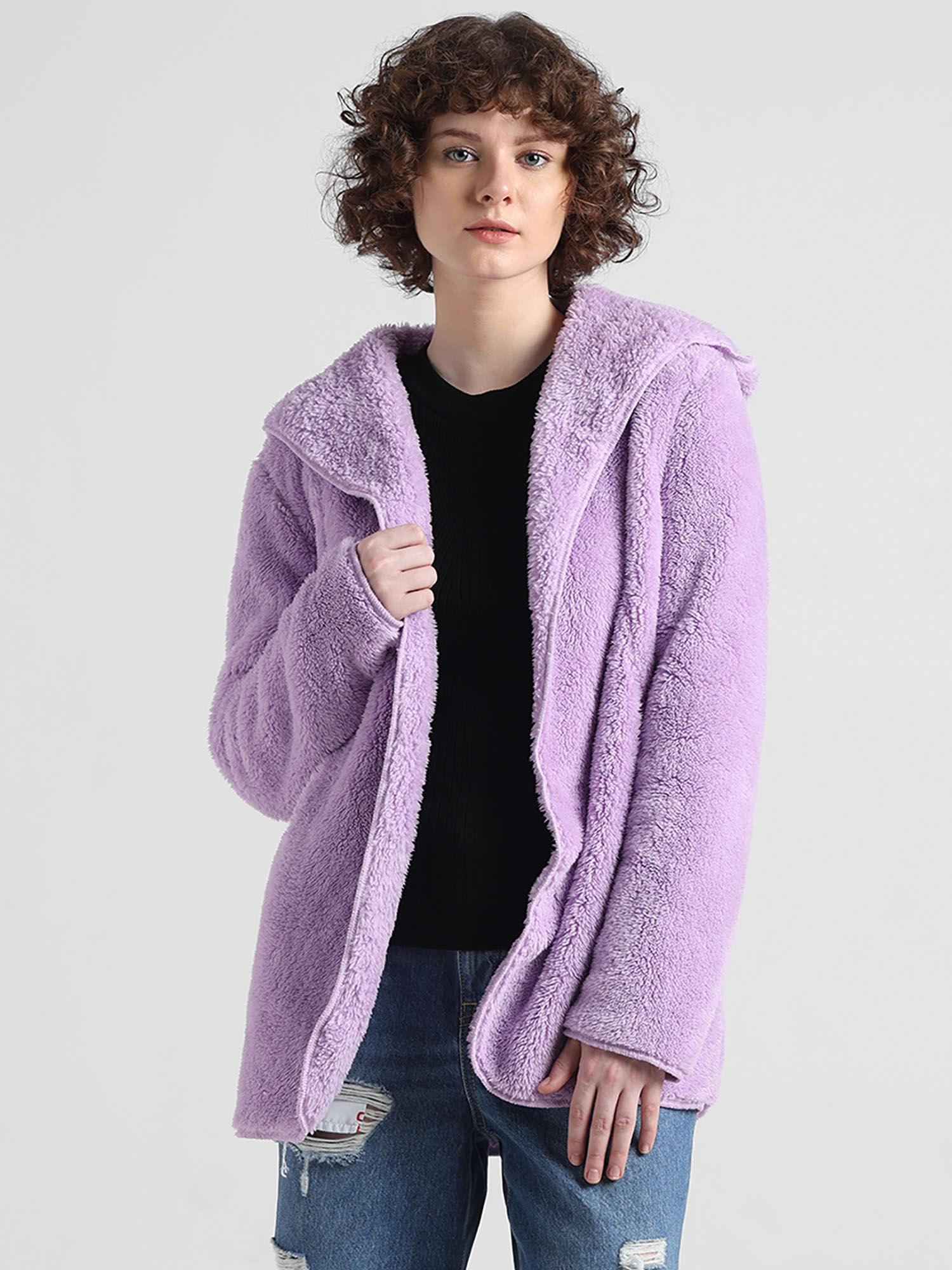 purple hooded sherpa coat