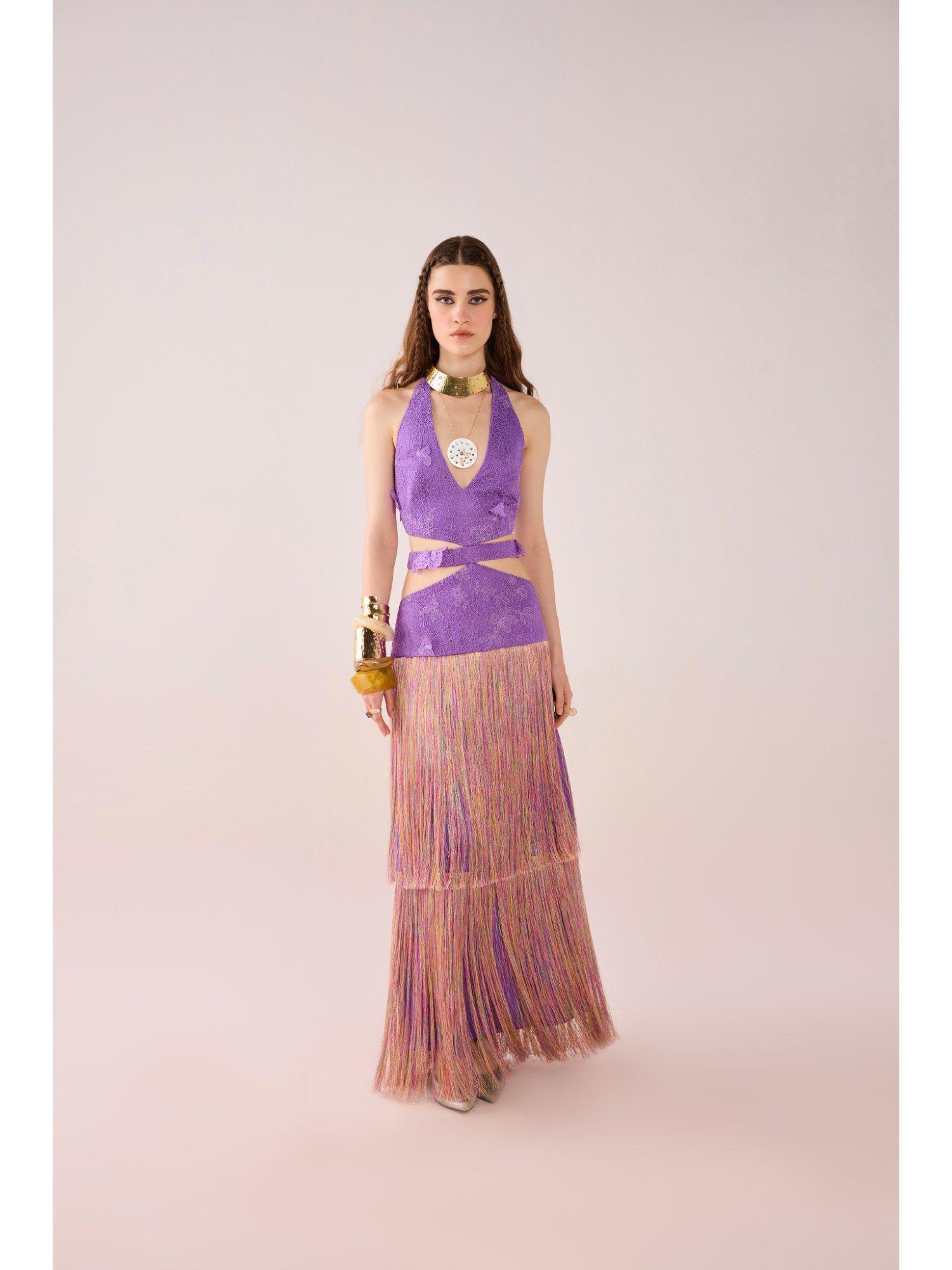 purple iris fringed cut out dress