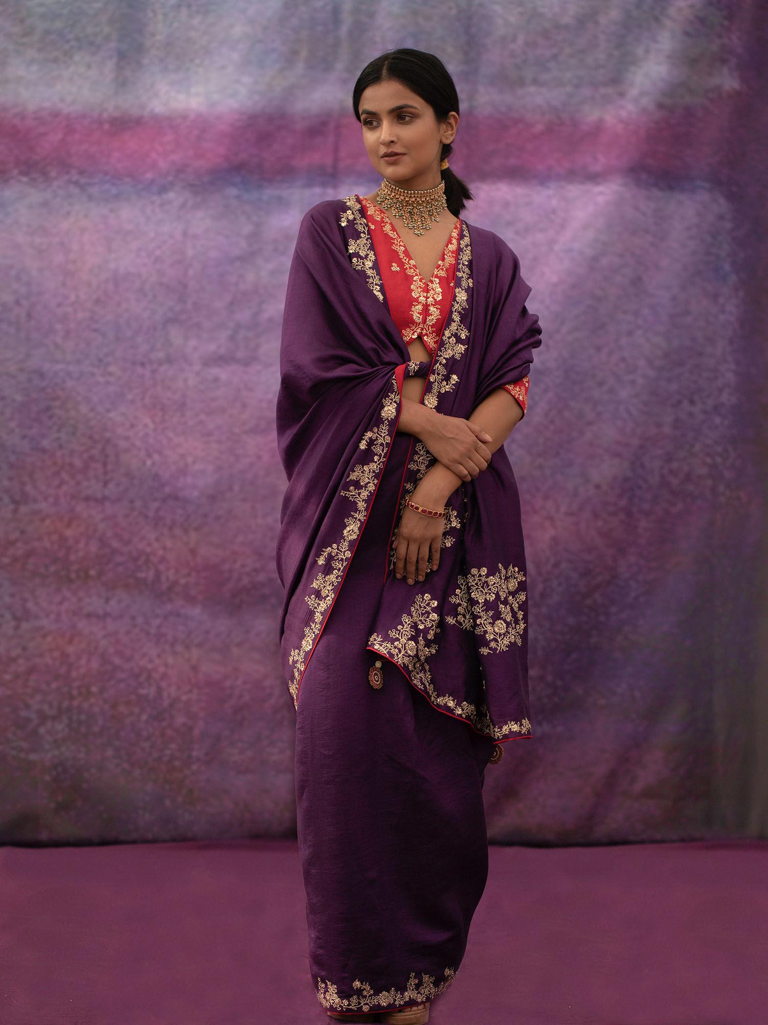 purple jaal hand embroidered saree with red blouse