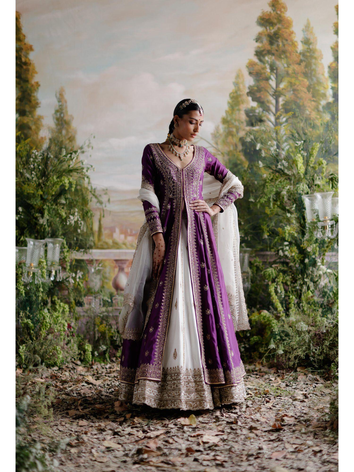 purple jacket with ivory lehenga and dupatta (set of 3)