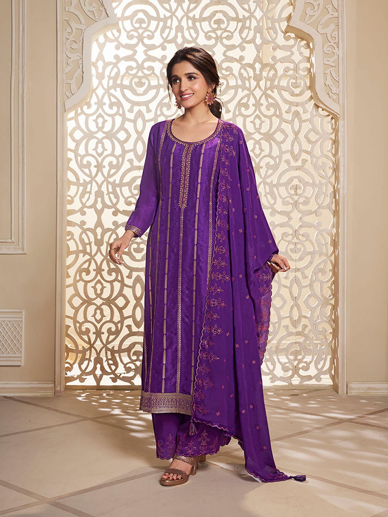 purple jacquard kurta with embroidered palazzo and dupatta (set of 3)