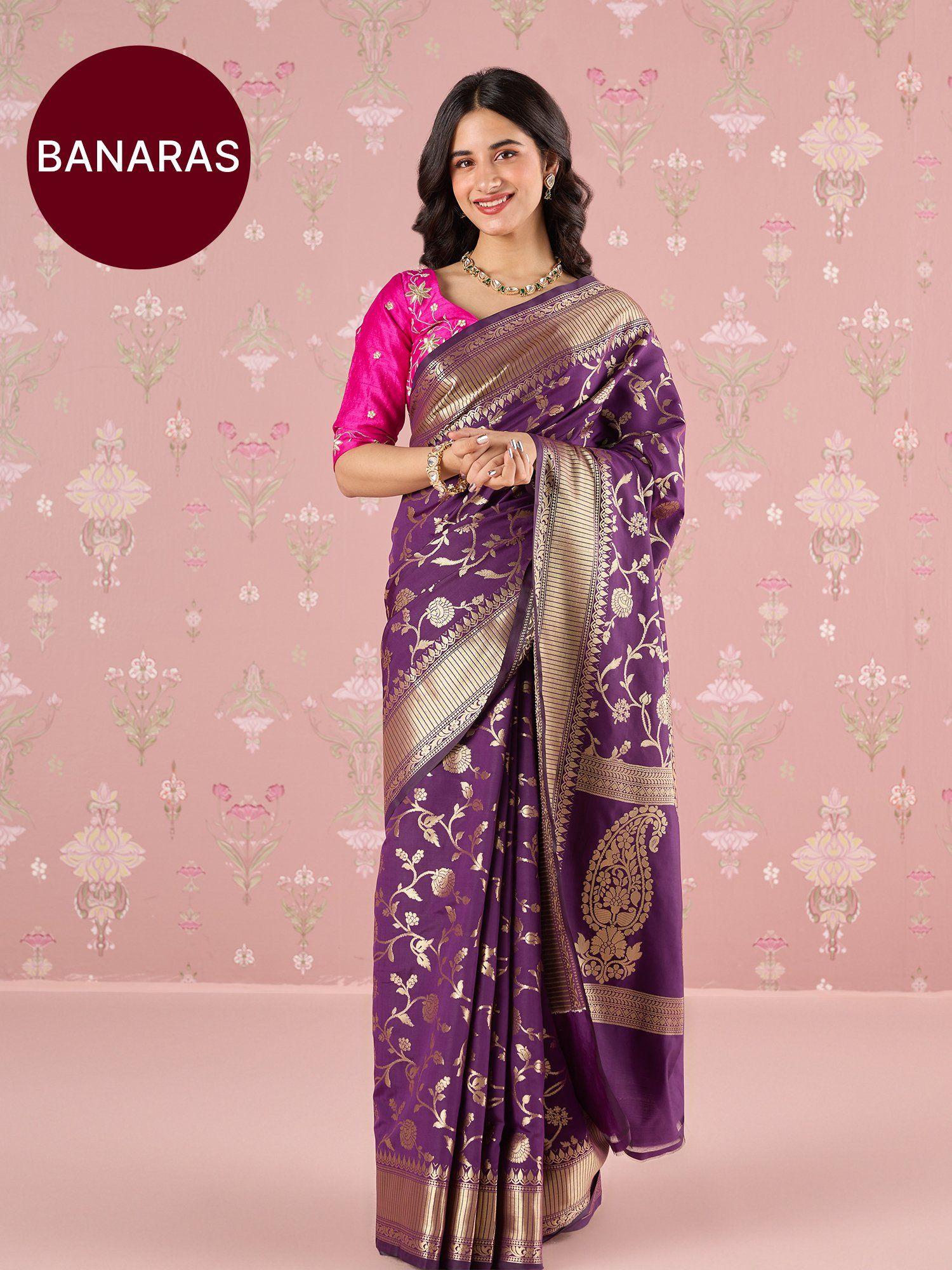 purple karigar korner banarasi silk gold zari saree with unstitched blouse likkksar08