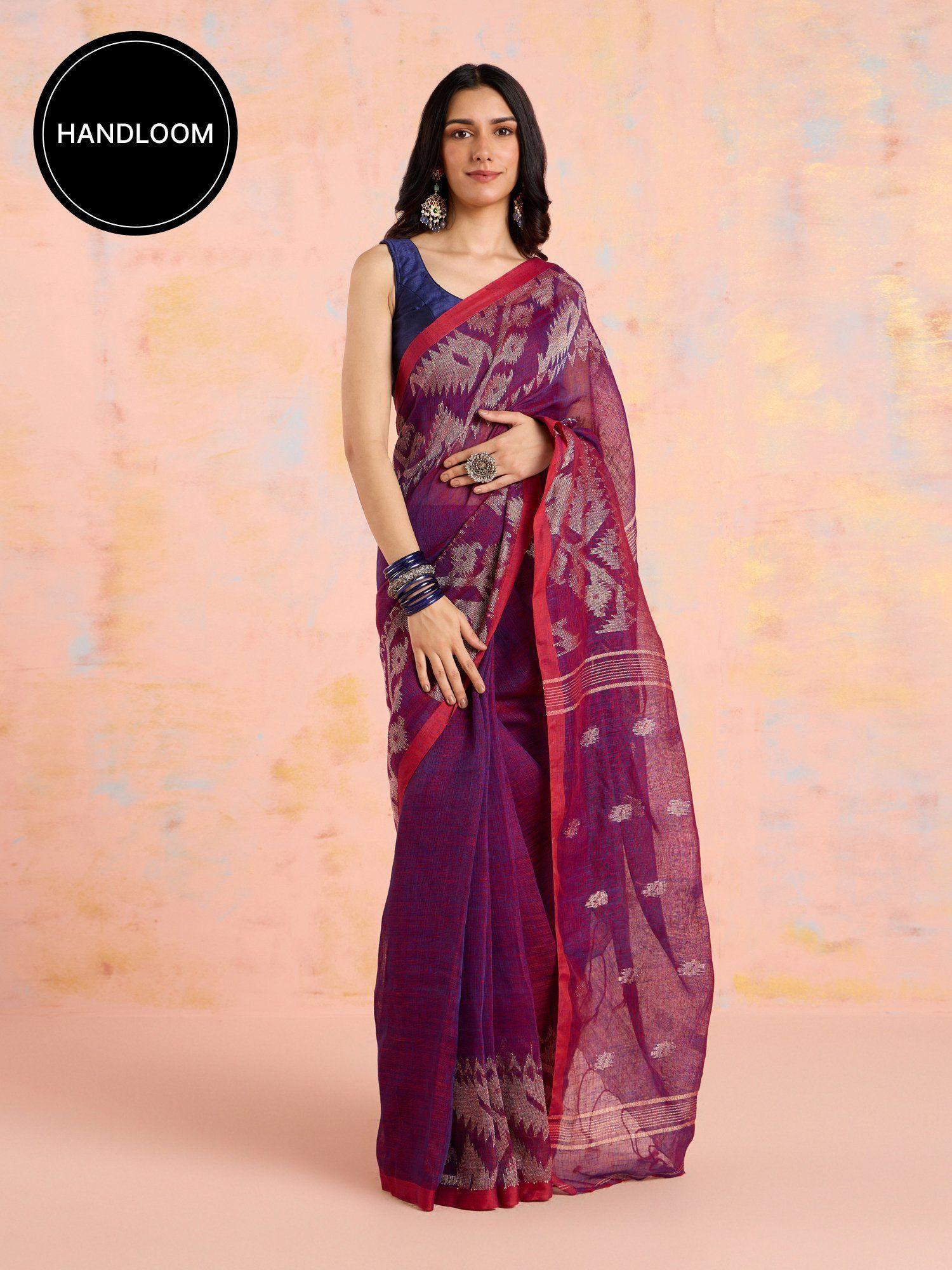 purple karigar korner linen handcrafted saree with unstitched blouse likkksar02