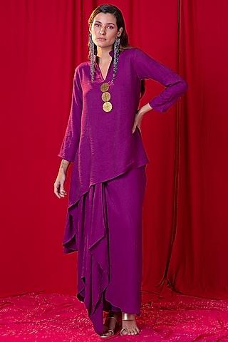 purple khadi embellished asymmetric tunic set