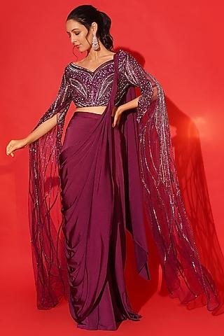 purple knitted lycra pant saree set