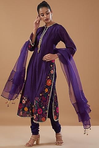 purple kora silk embroidered kurta set