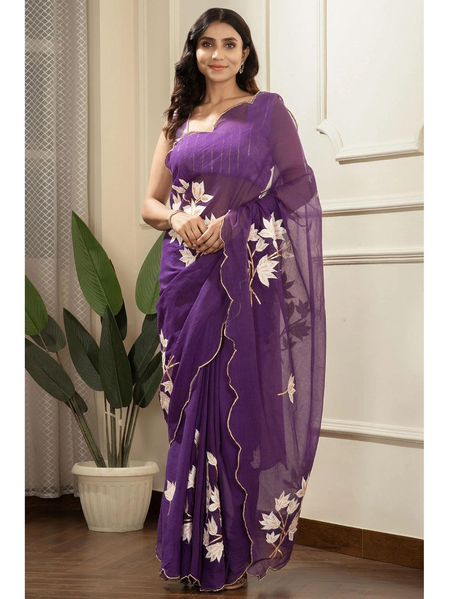 purple kota doriya saree with stitched blouse