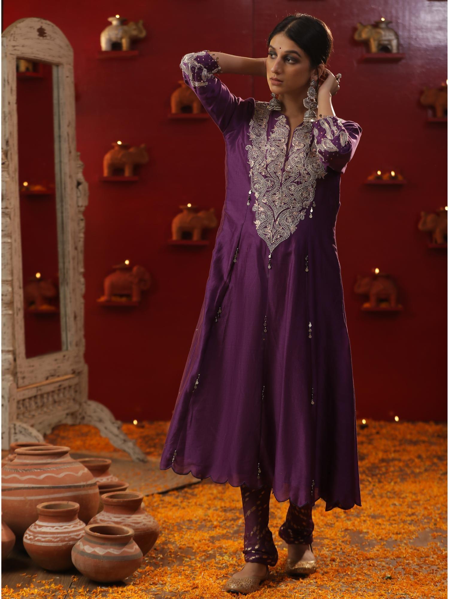 purple krishna shringaar kurta with churidar and dupatta (set of 3)