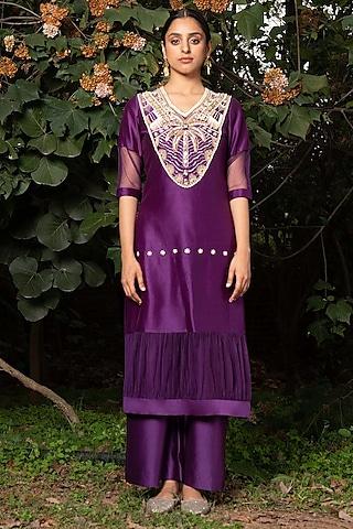 purple kurta set with hand embroidery
