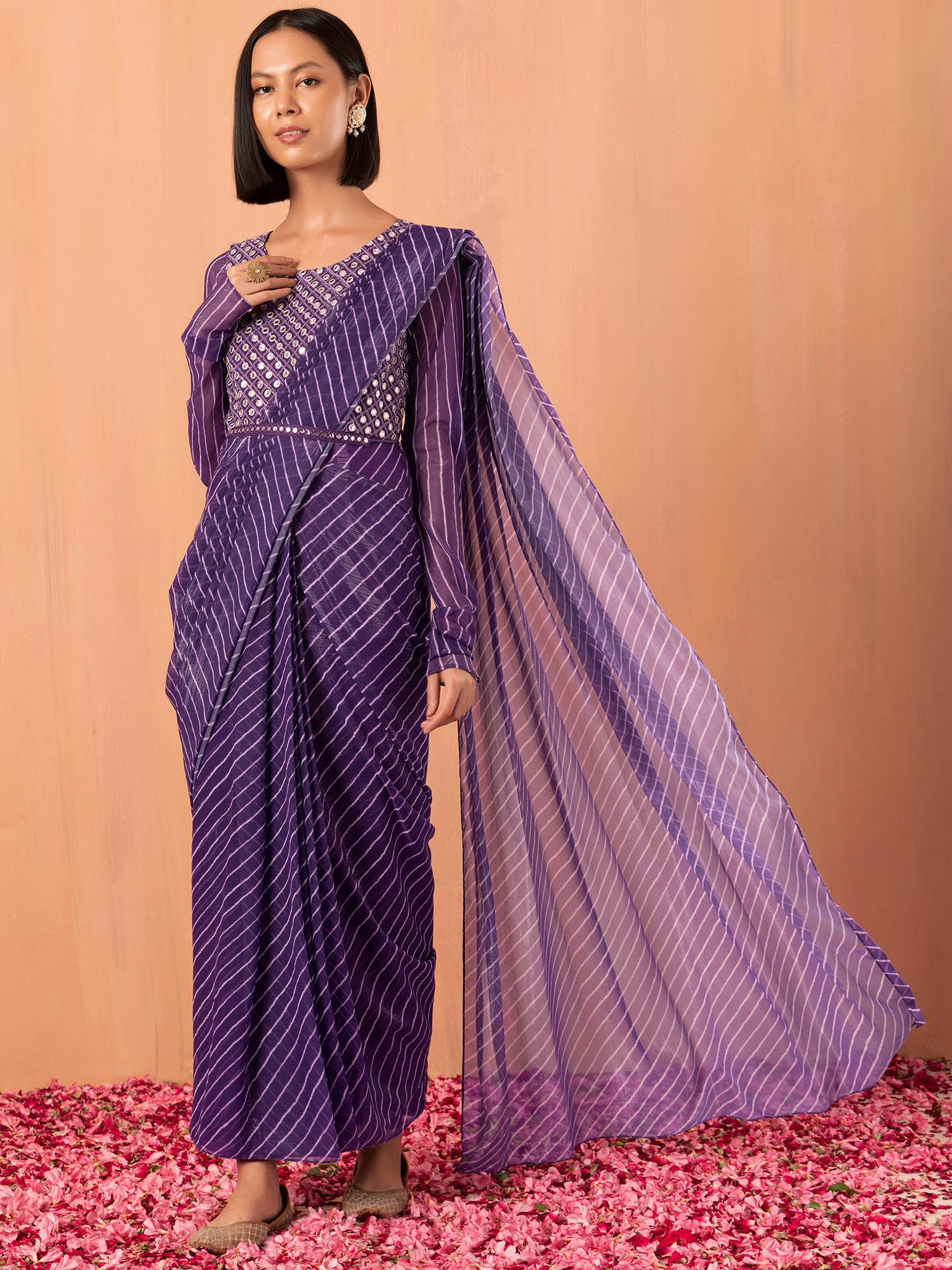 purple leheriya print ready to wear saree with attached blouse & belt