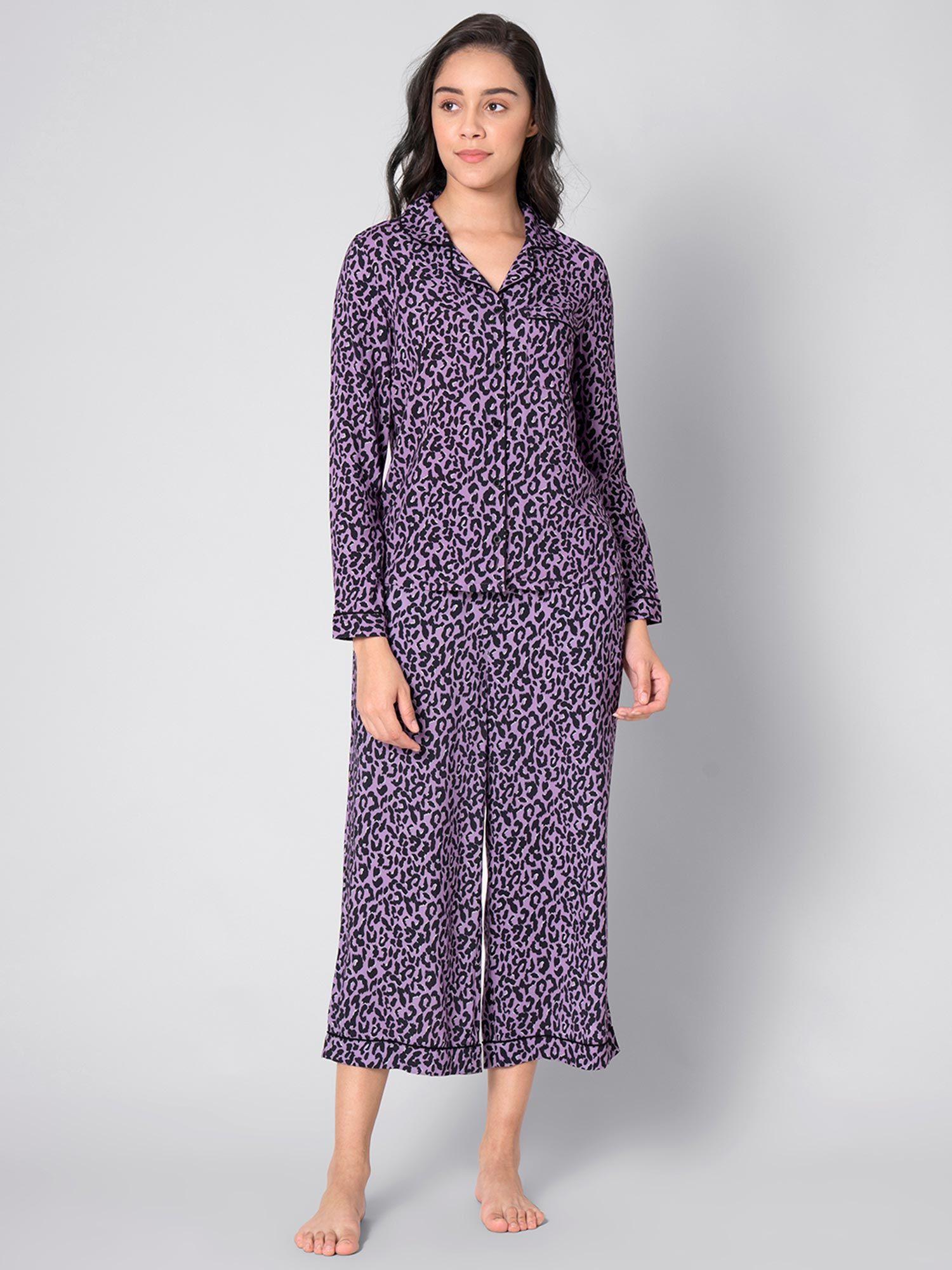 purple leopard print pyjama shirt set