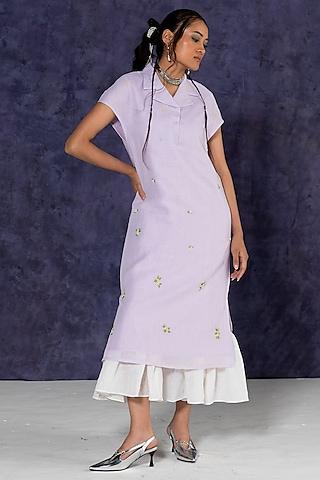 purple linen bullion knot embroidered calf length dress