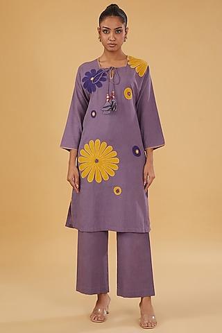 purple linen cotton patch work embroidered kurta set