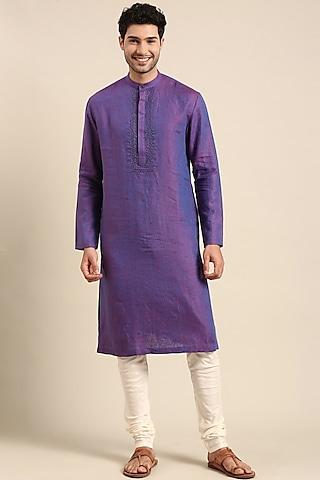 purple linen embroidered kurta set