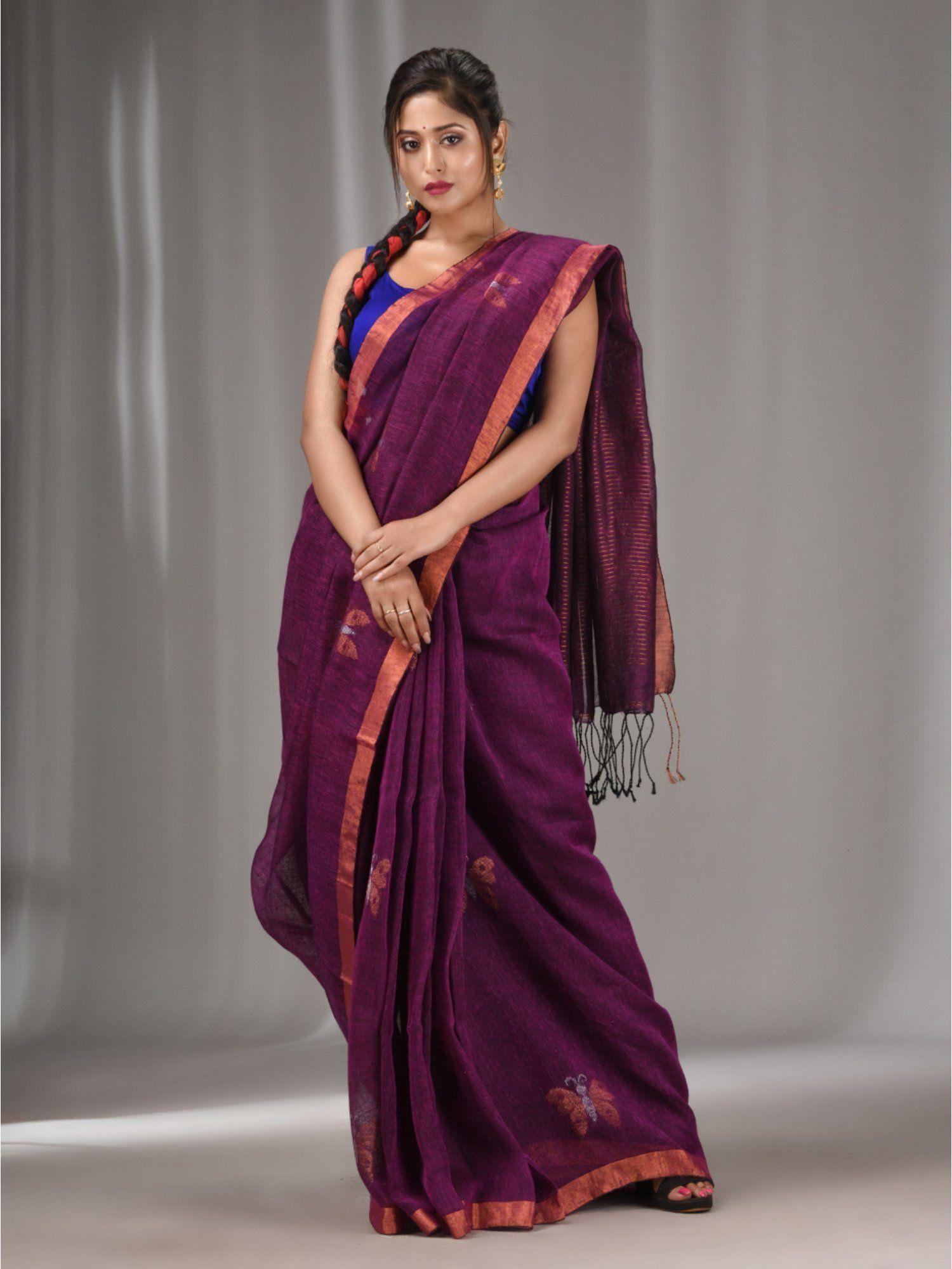 purple linen handwoven saree with butterfly motifs with unstitched blouse
