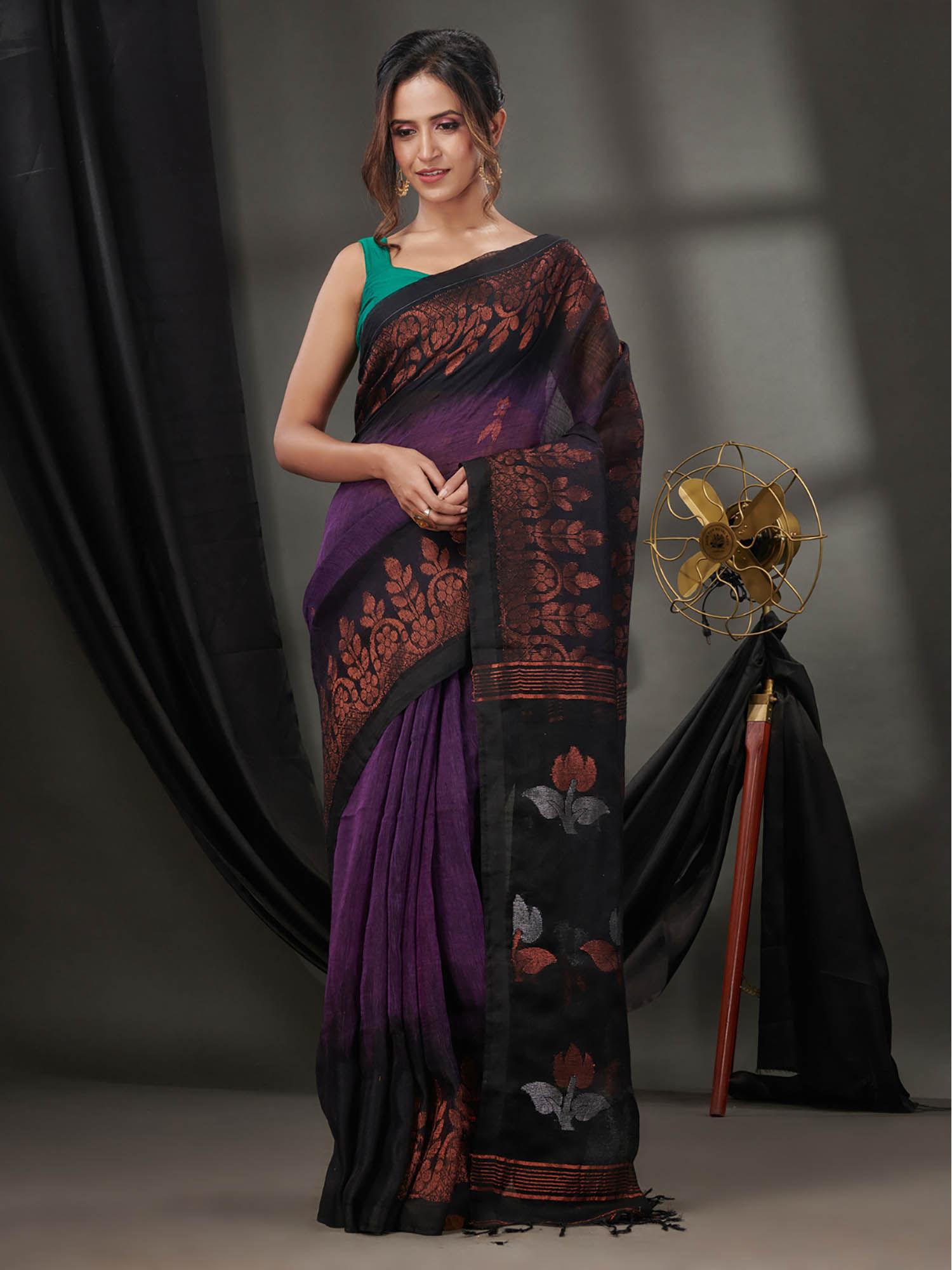purple linen handwoven saree with nakshi borders & unstitched blouse