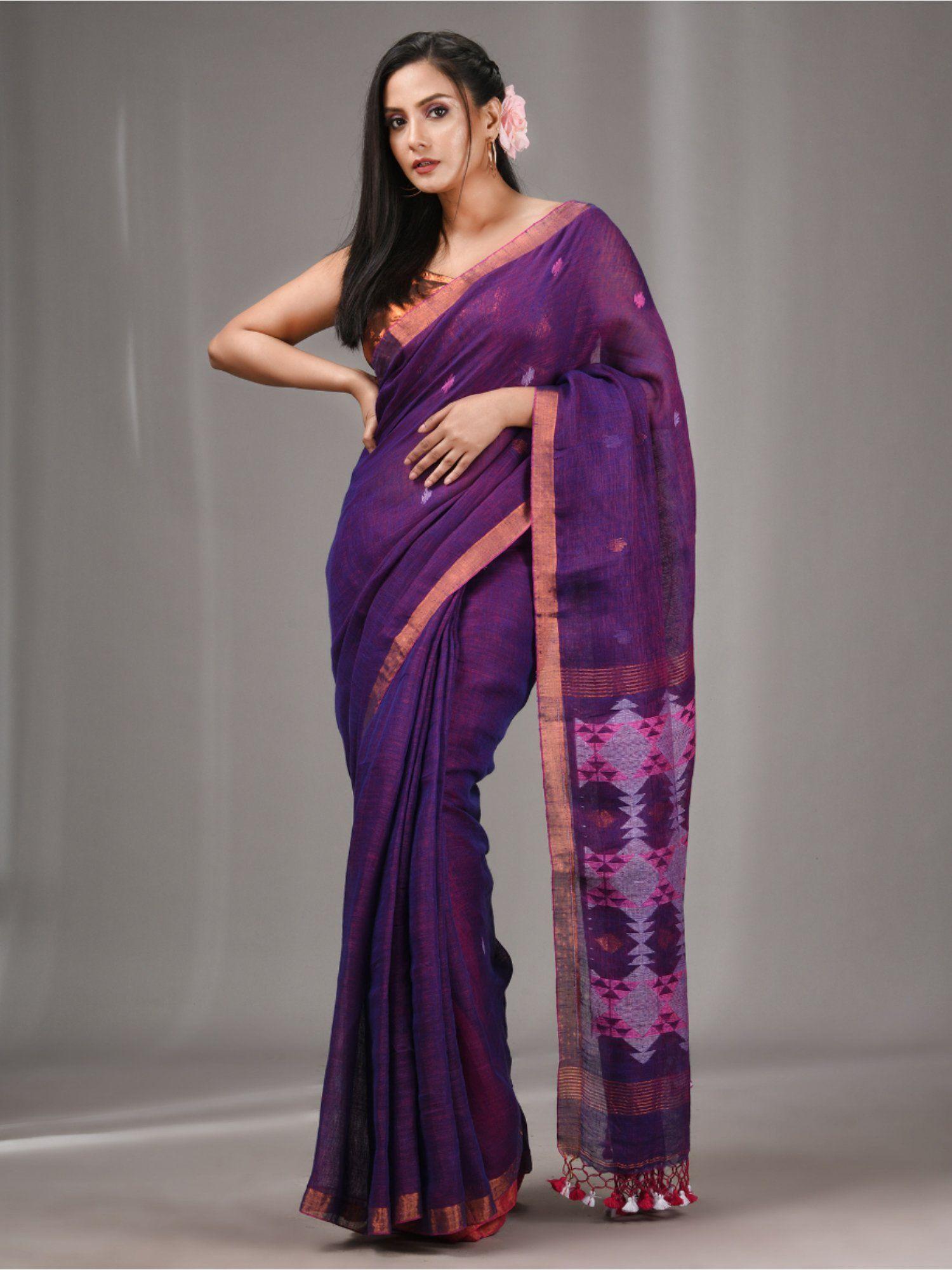 purple linen handwoven saree with texture pallu with unstitched blouse