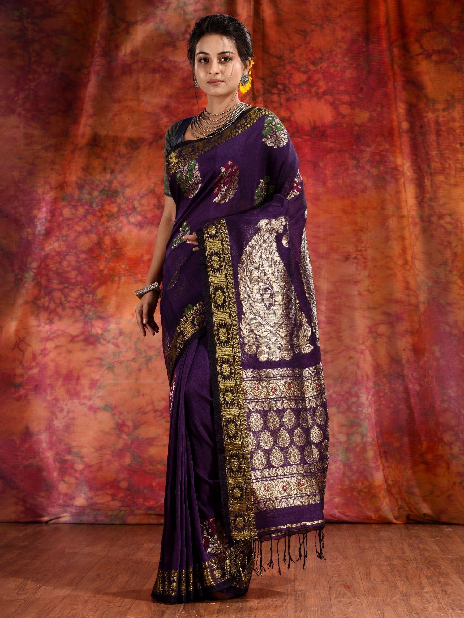 purple linen handwoven soft saree with copper zari and unstitched blouse