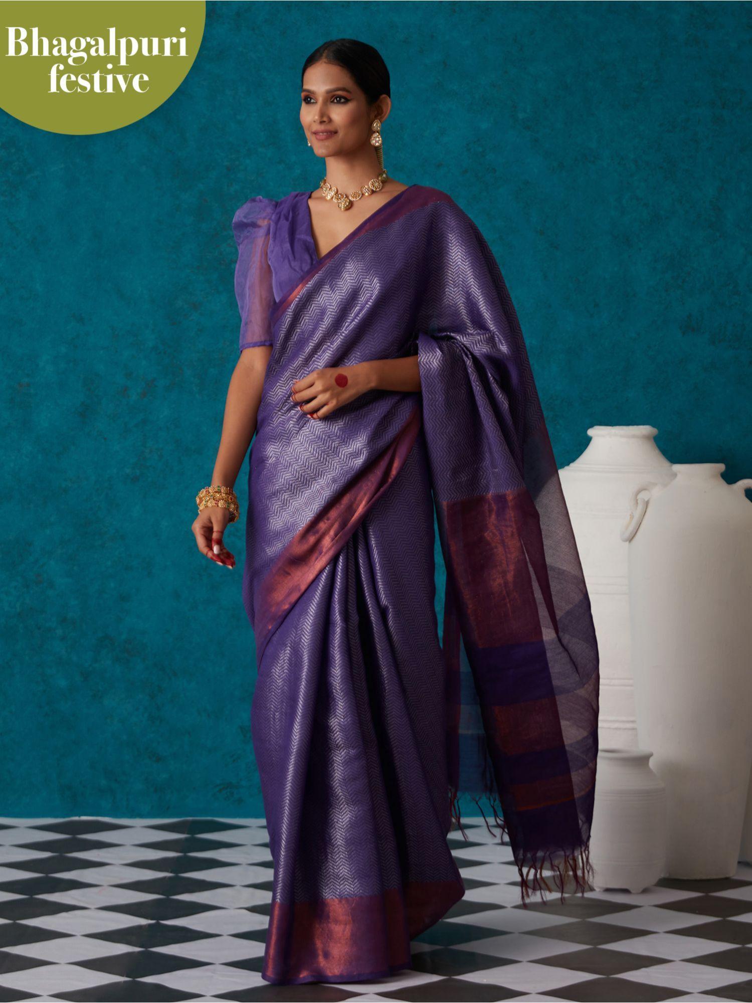 purple linen woven bhagalpuri festive zari saree & unstitched blouse