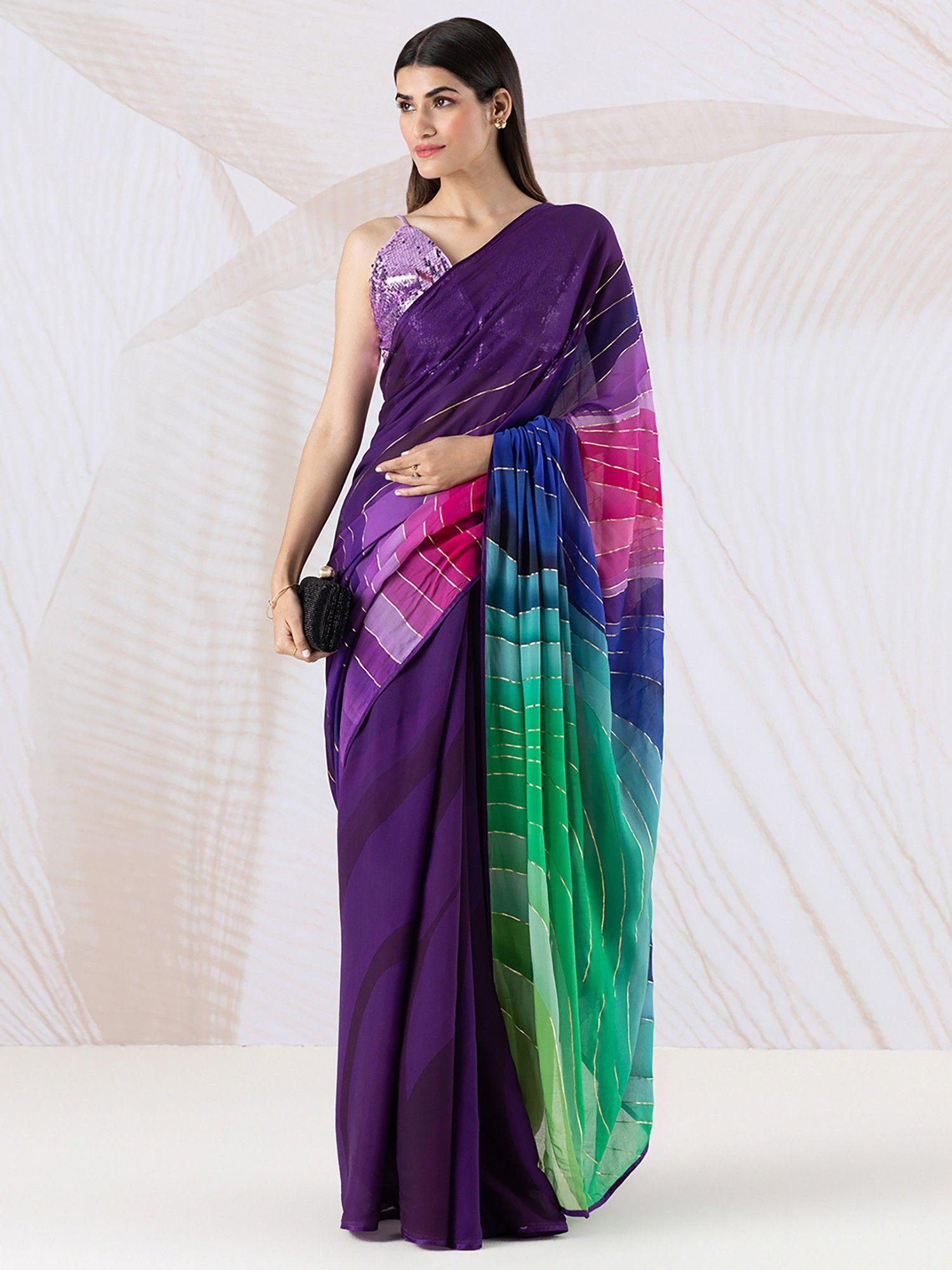 purple liva georgette abstract print saree with unstitched blouse