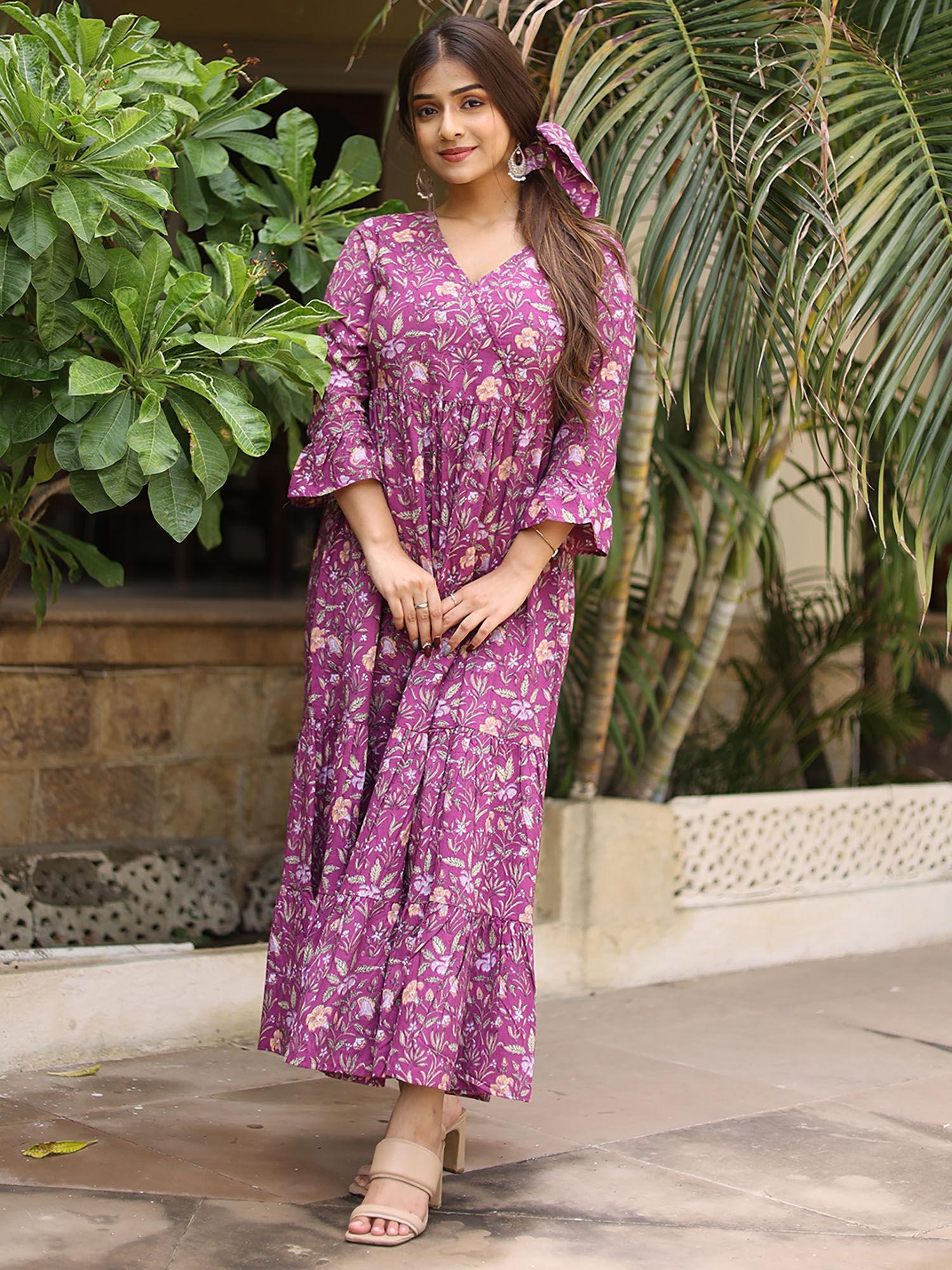 purple long printed tired dress with gather