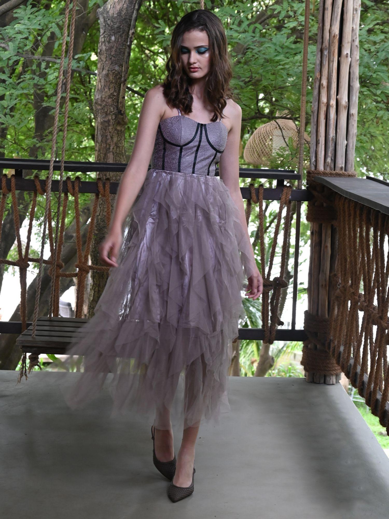 purple long ruffled soft net dress