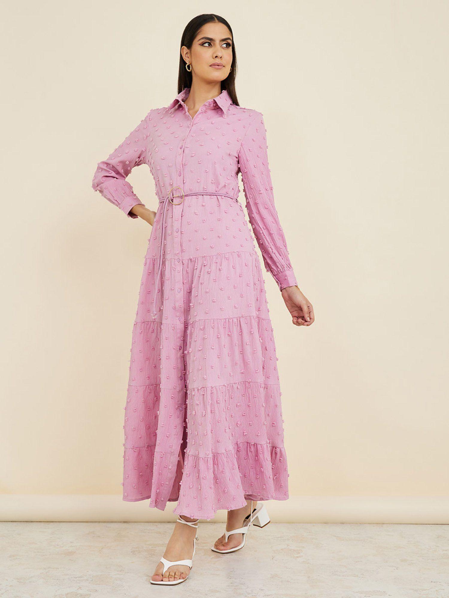 purple long sleeves dobby shirt maxi dress with self belt (set of 2)