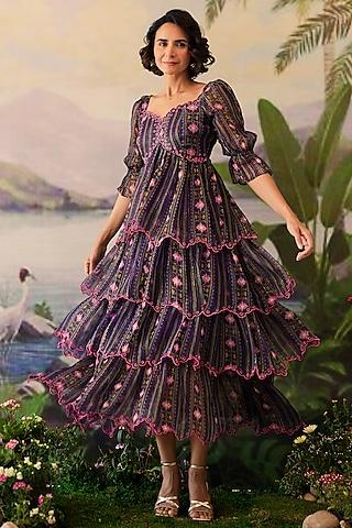 purple lurex chiffon printed & embroidered maxi dress
