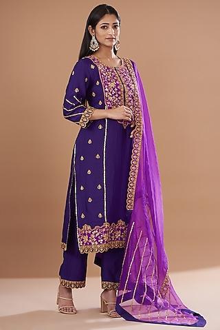 purple magenta pure spun silk embroidered kurta set