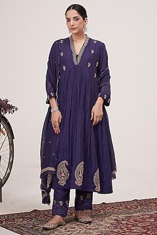 purple malai chanderi machine embroidered kalidar anarkali set