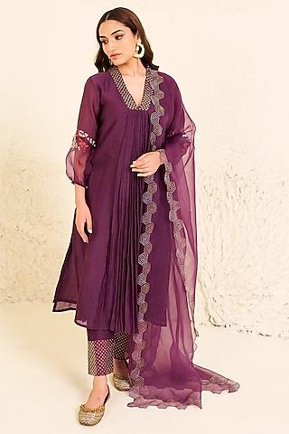 purple mauve chanderi cotton blend hand embroidered straight kurta set