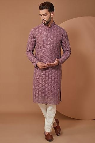 purple mauve georgette chikankari embroidered kurta set