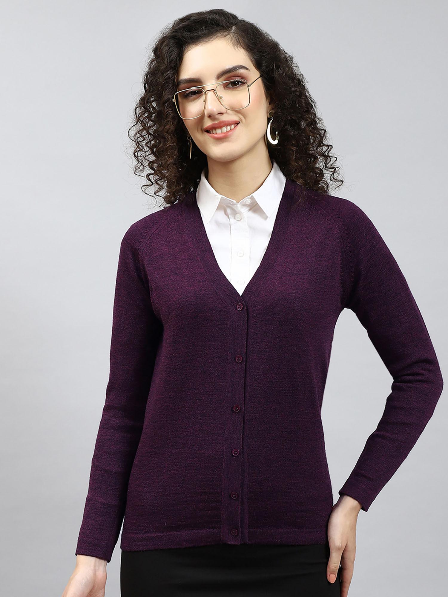 purple melange solid v neck cardigan