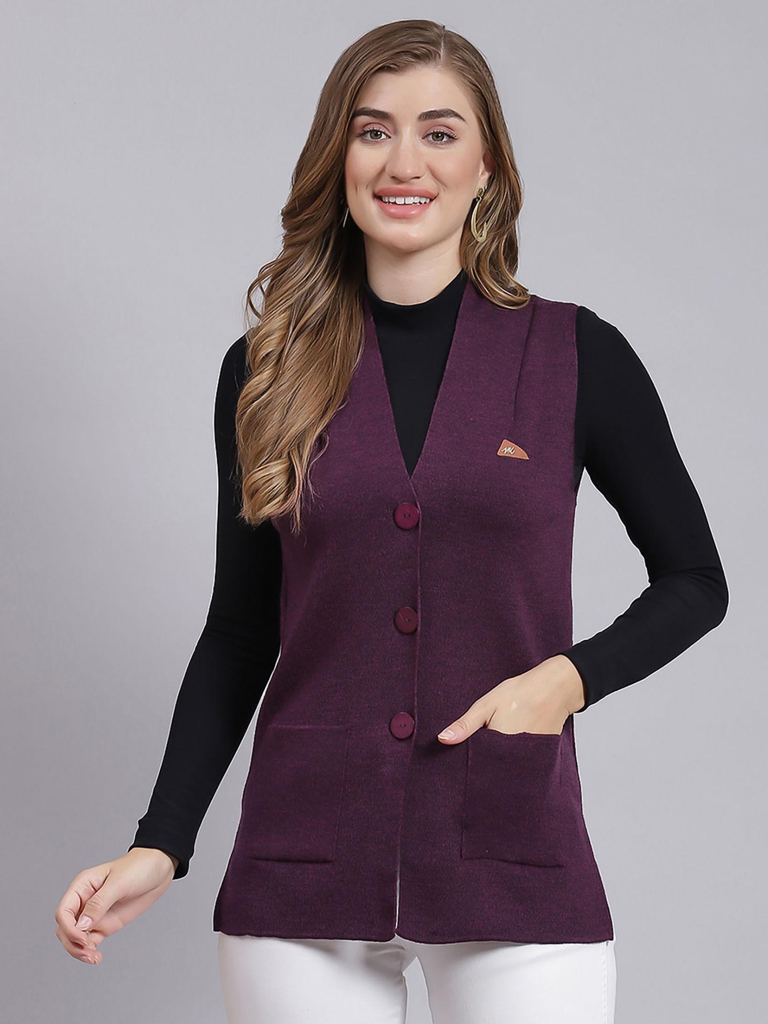 purple melange solid v neck cardigan