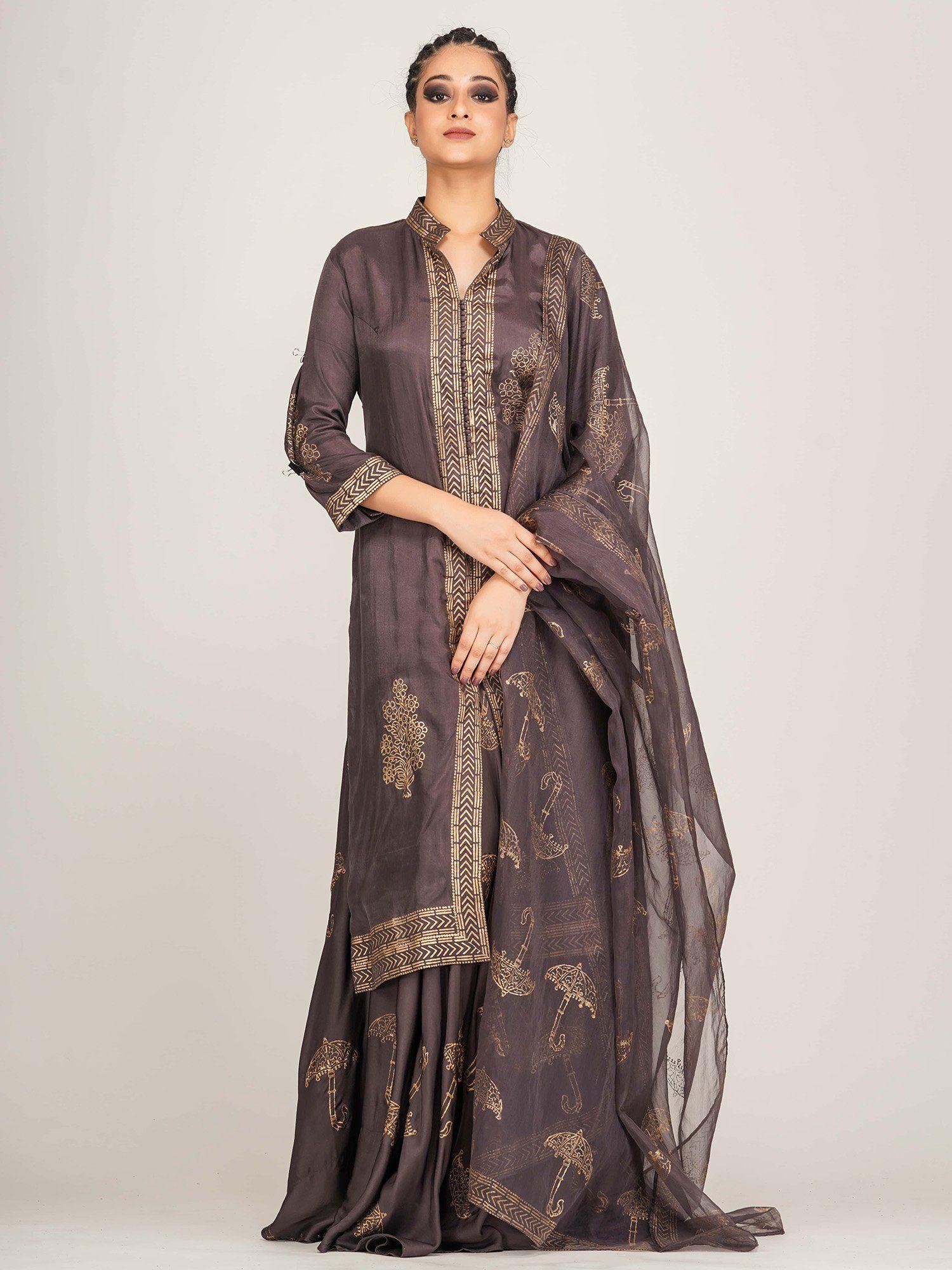 purple metallic printed sharara (set of 3)