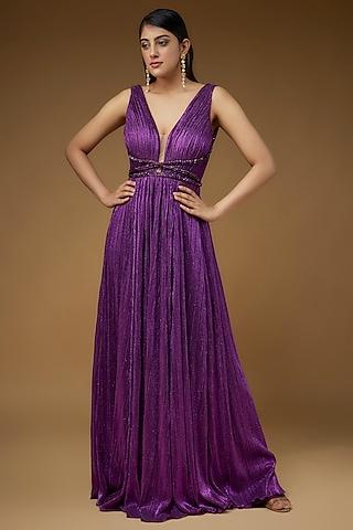 purple micro pleated lame embroidered gown