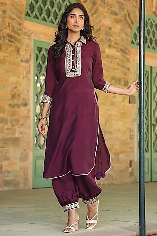 purple modal chanderi embellished pathani kurta set