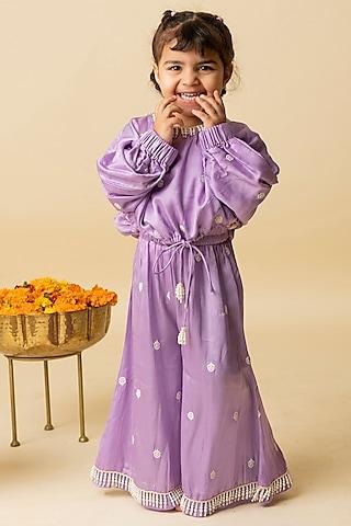 purple modal satin & cotton voile sharara set for girls